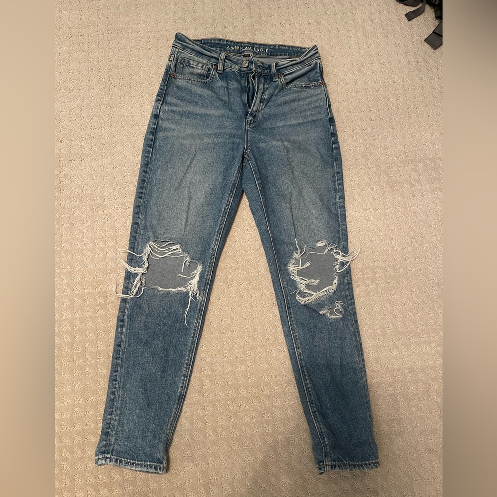 American Eagle Outfitters Ripped Blue Straight Leg Jeans